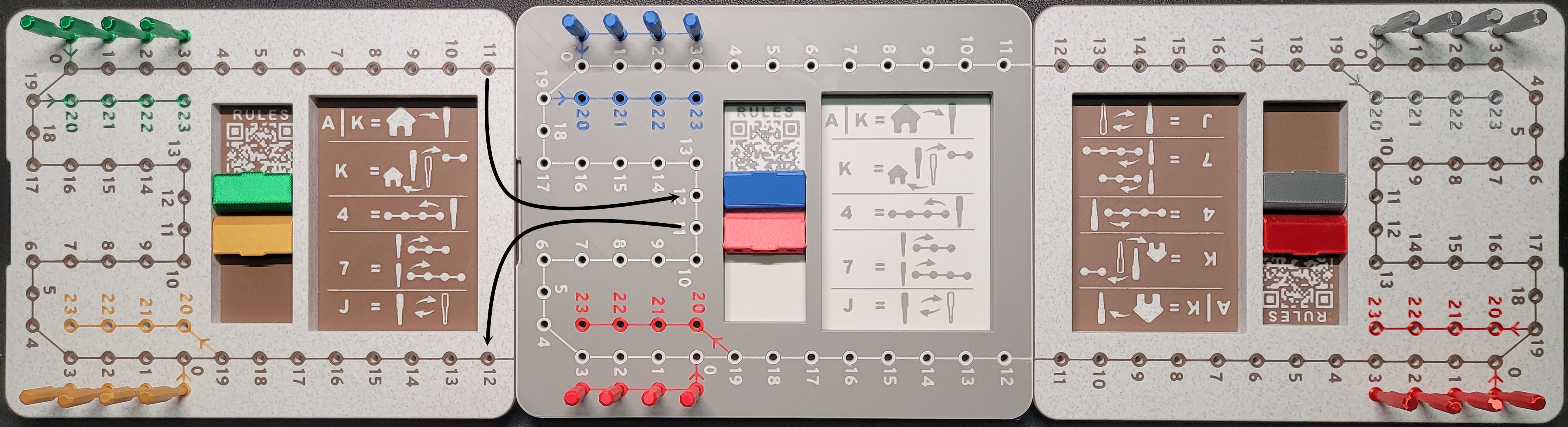 6-player variant layout with arrows showing movement between boards