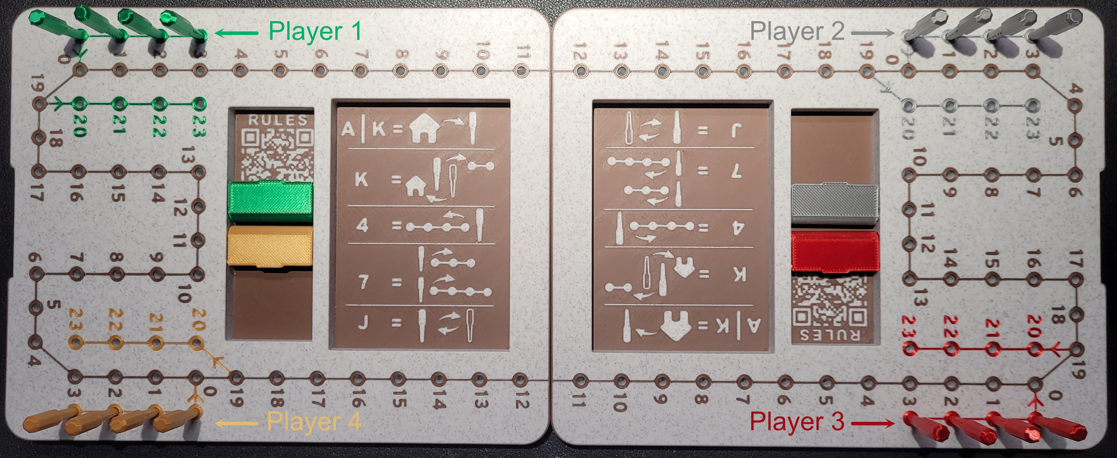 Full board setup showing all players and start areas